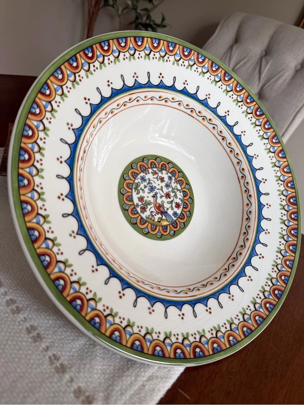 Deruta Style Ceramic Peacock Pasta Bowl